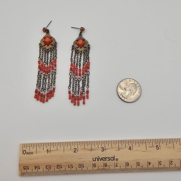 Beaded Orange Dangle Drop Brass Tone Hippie Boho Gypsy Tassel Rustic Earrings - Picture 8 of 10